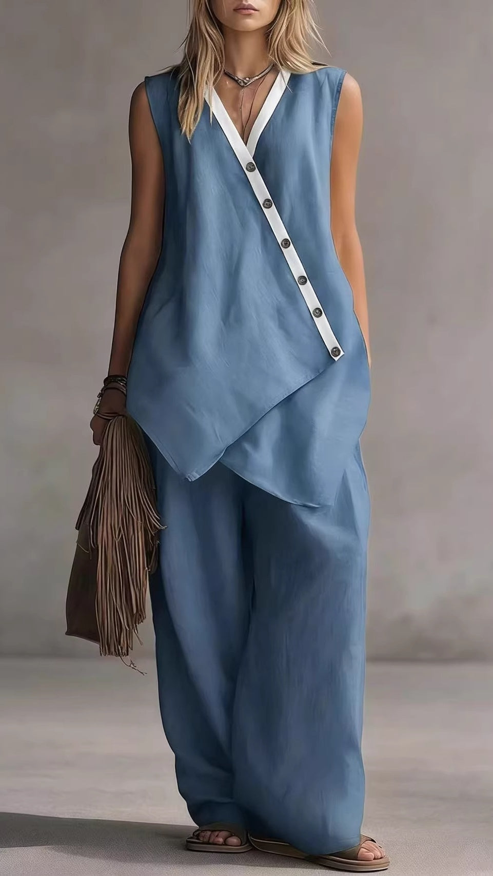 Women's V-Neck Sleeveless Wide-Leg Pants Two-Piece Set with Asymmetrical Buttons