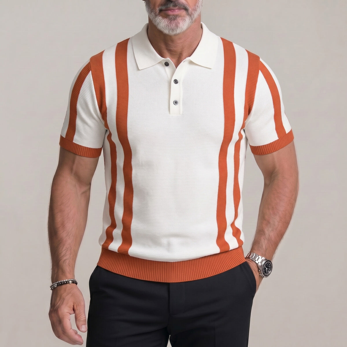Men's Daily Black Contrast Striped Pattern Slim Knit Polo Shirt