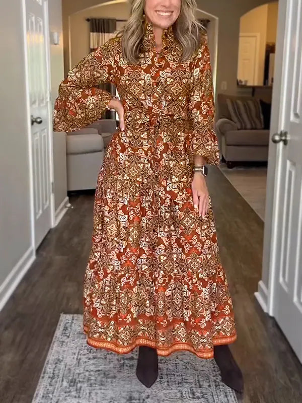 NEW🔥 Vintage Printed Long Sleeve Dress with Tie Belt