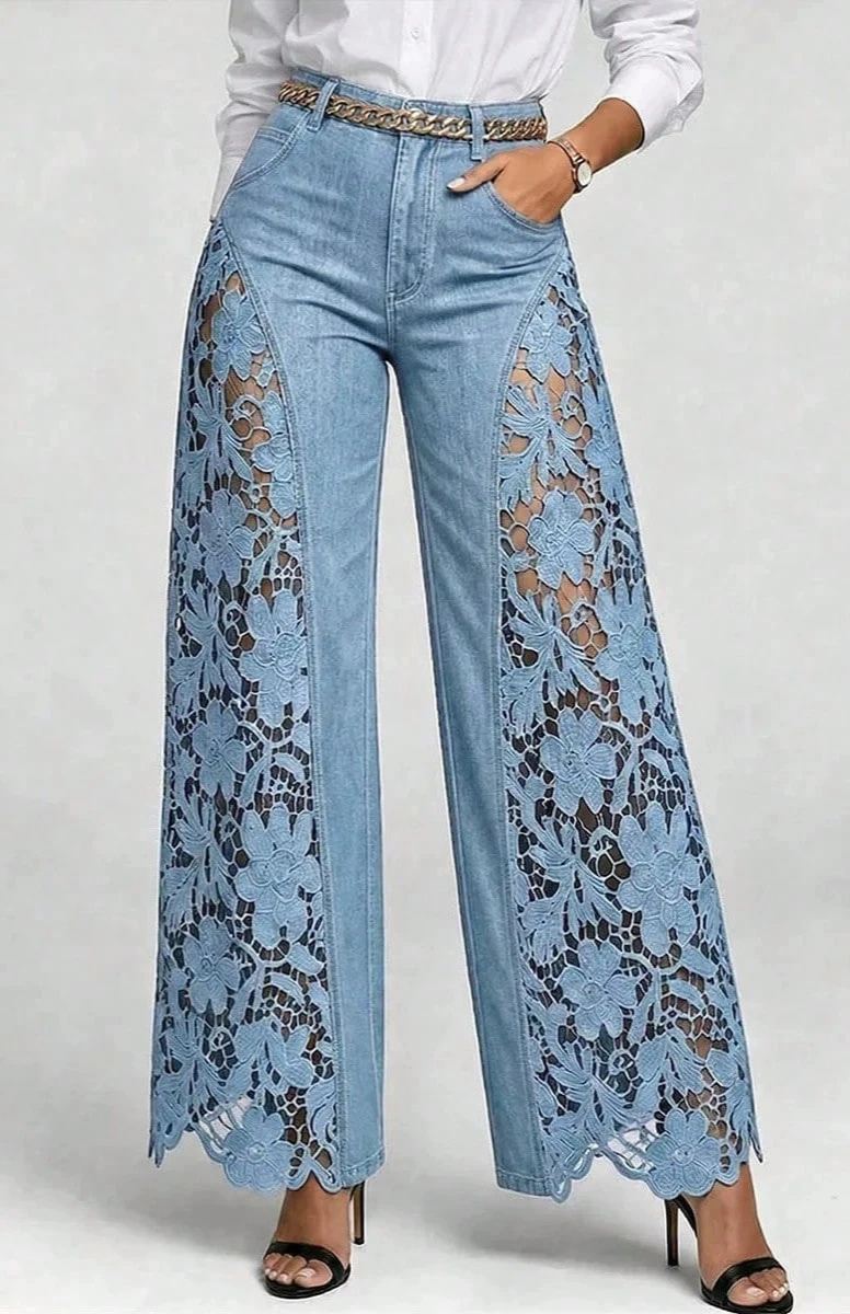 Summer Hollow Out Jeans 💗 Women Elegant High Waist Wide Leg Bottoms