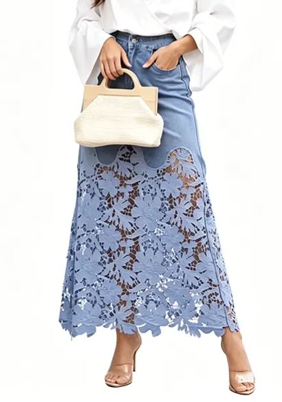 Elegant and Fashionable 💘 Women's Denim Bodycon Skirt with Lace Trim