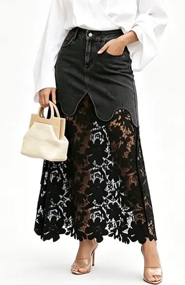 Elegant and Fashionable 💘 Women's Denim Bodycon Skirt with Lace Trim