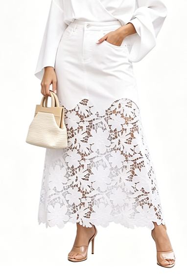 Elegant and Fashionable 💘 Women's Denim Bodycon Skirt with Lace Trim
