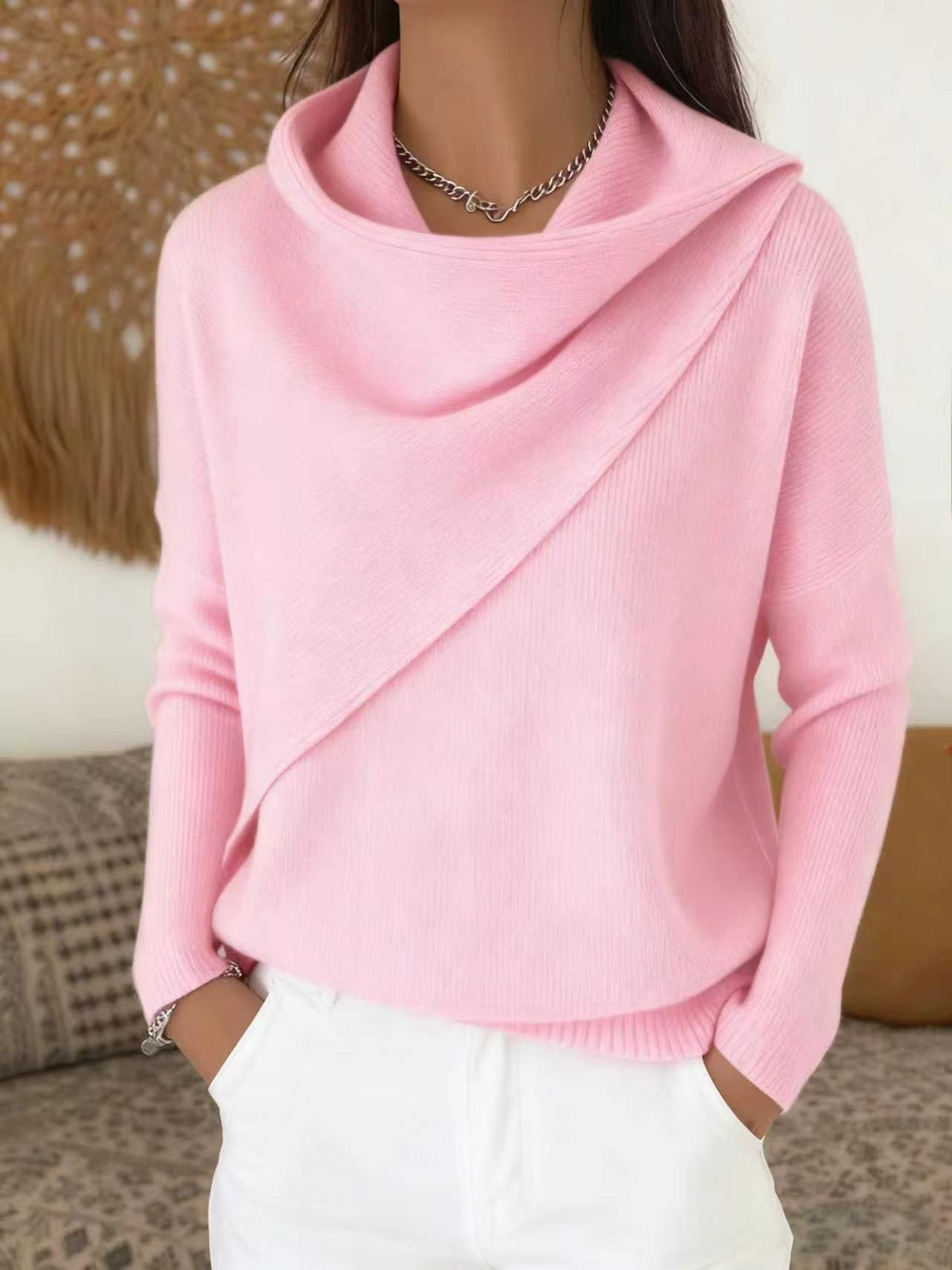 Women Cross Wrap Draped Cowl Neck Knit Pullover, Loose Long Sleeve Sweater(📦Buy 2 Free Shipping & Extra 10% OFF)