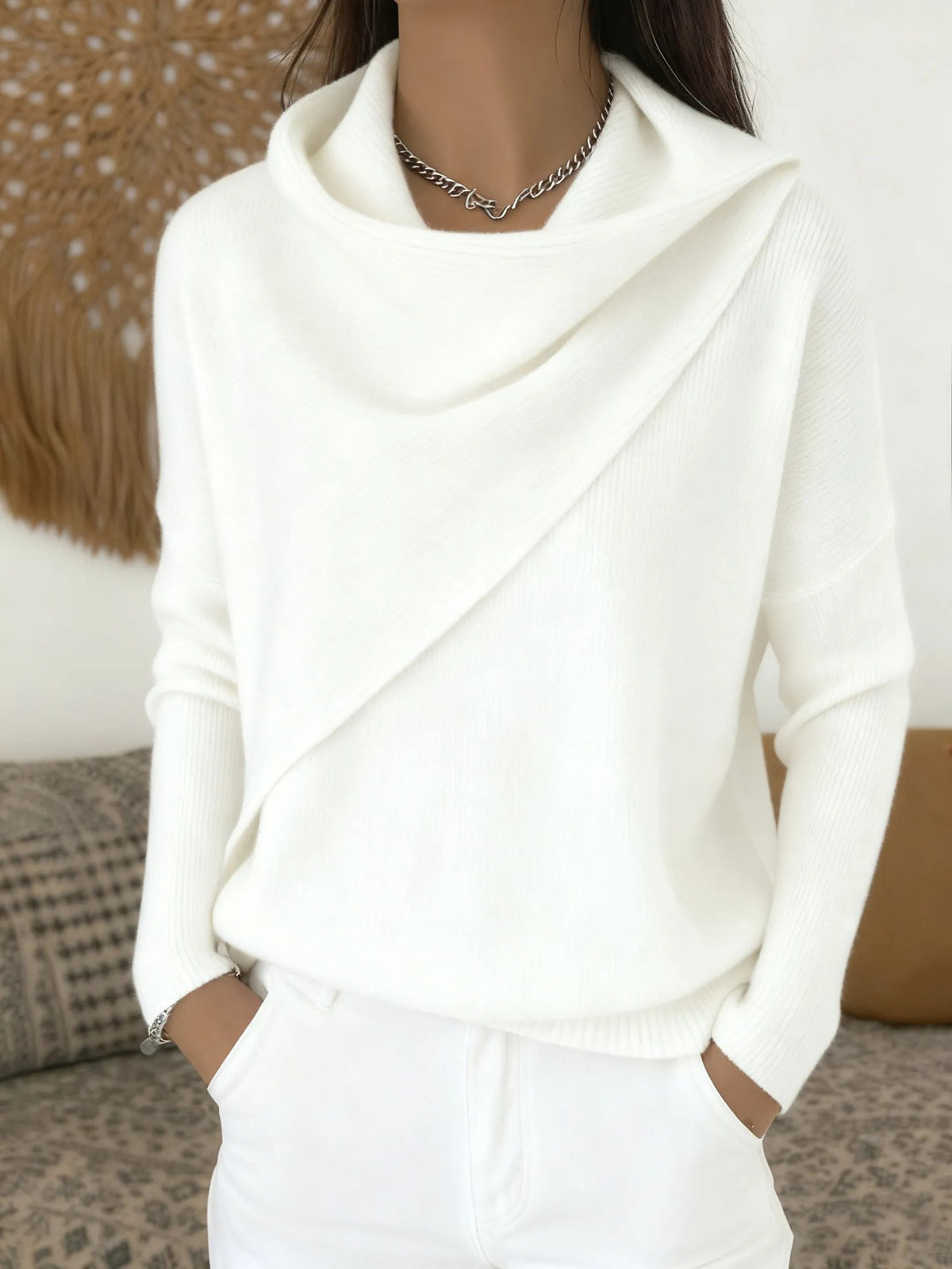Women Cross Wrap Draped Cowl Neck Knit Pullover, Loose Long Sleeve Sweater(📦Buy 2 Free Shipping & Extra 10% OFF)