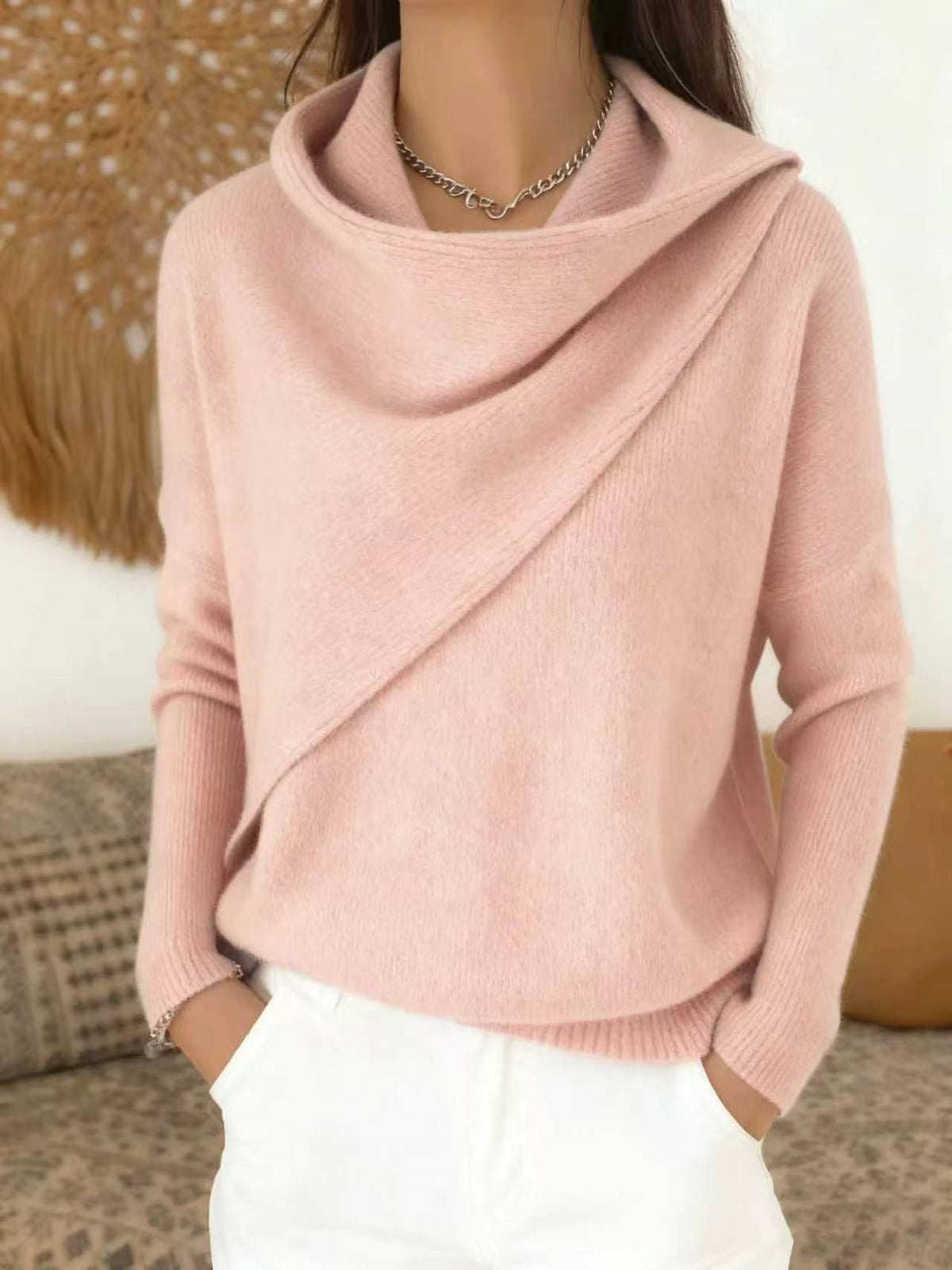 Women Cross Wrap Draped Cowl Neck Knit Pullover, Loose Long Sleeve Sweater(📦Buy 2 Free Shipping & Extra 10% OFF)