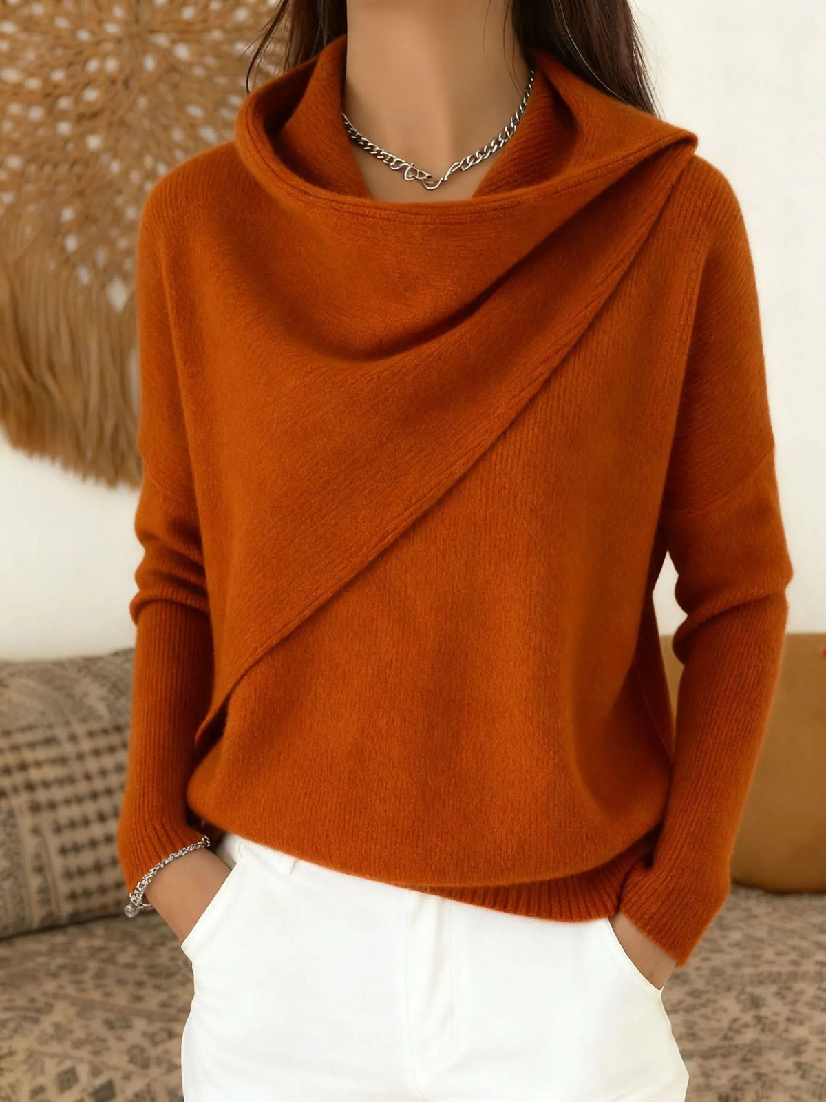 Women Cross Wrap Draped Cowl Neck Knit Pullover, Loose Long Sleeve Sweater(📦Buy 2 Free Shipping & Extra 10% OFF)