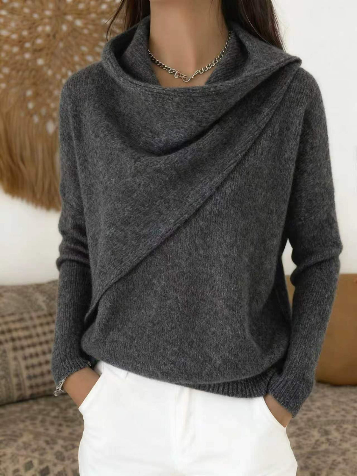 Women Cross Wrap Draped Cowl Neck Knit Pullover, Loose Long Sleeve Sweater(📦Buy 2 Free Shipping & Extra 10% OFF)