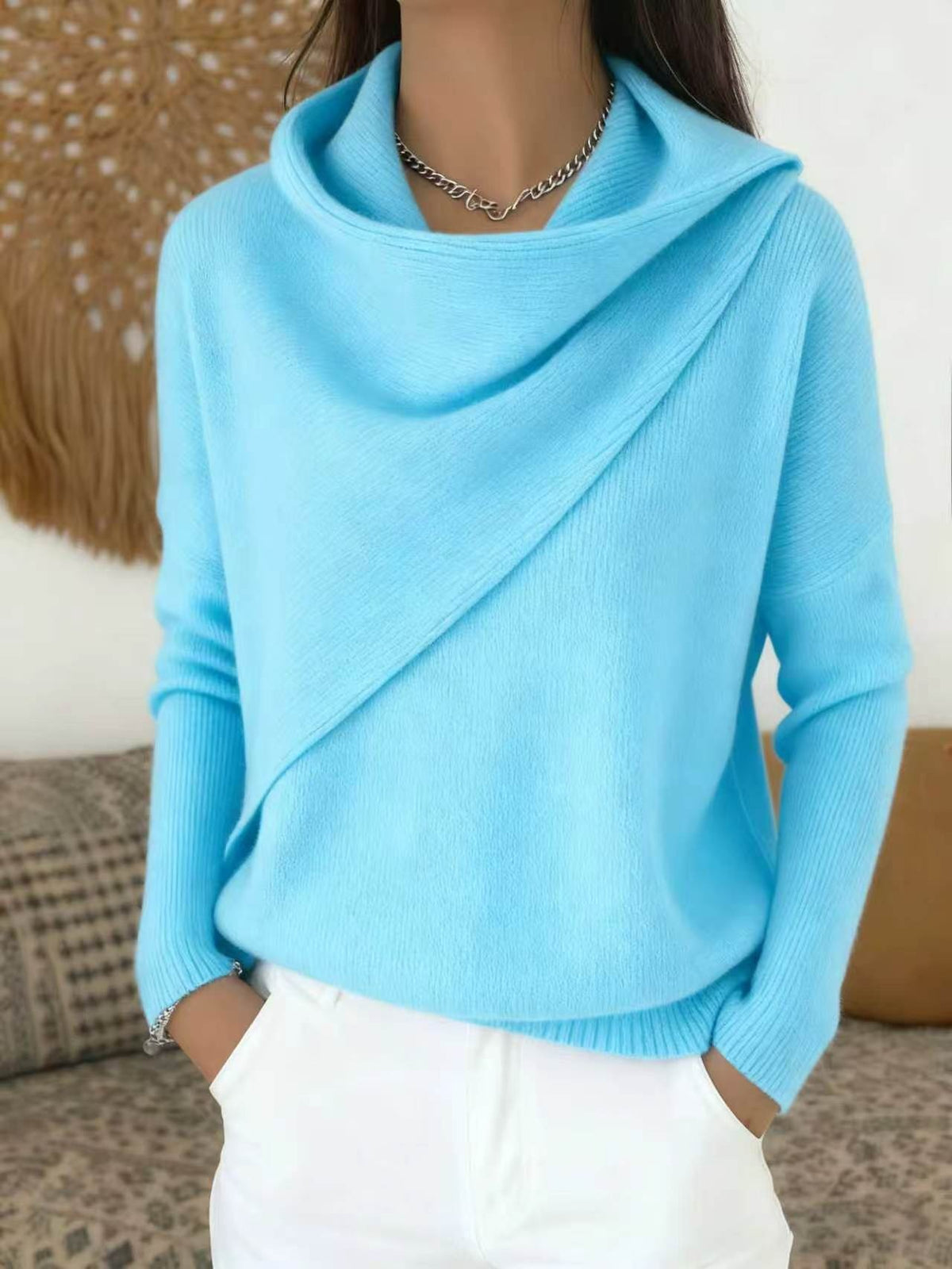Women Cross Wrap Draped Cowl Neck Knit Pullover, Loose Long Sleeve Sweater(📦Buy 2 Free Shipping & Extra 10% OFF)