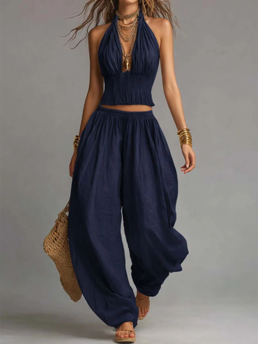 Bohemian Cotton-Linen Halter Smocked Crop Top & Harem Pants Two-Piece Set