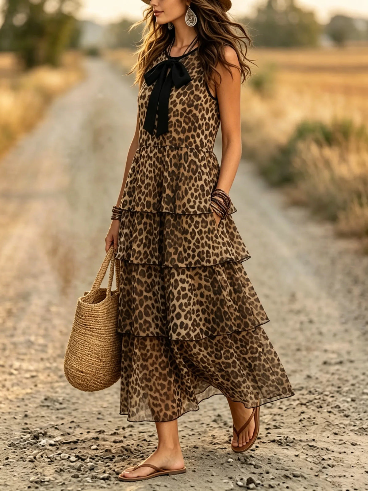 Women's Leopard Tiered Bow-Tie Maxi Dress