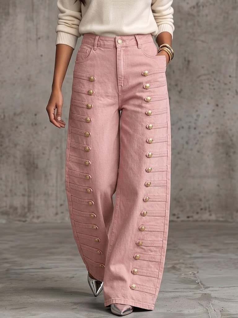 Casual Military-style Jeans With Metal Buttons
