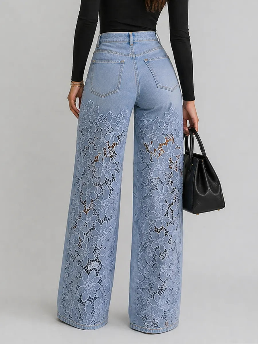 Fashionable and Comfort 🤩 High-Waist Floral Lace Palazzo Jeans
