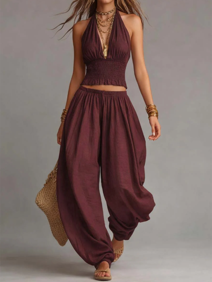 Bohemian Cotton-Linen Halter Smocked Crop Top & Harem Pants Two-Piece Set