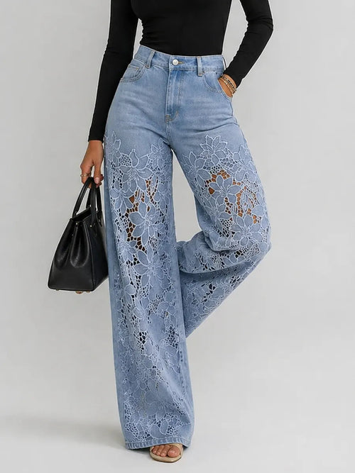 Fashionable and Comfort 🤩 High-Waist Floral Lace Palazzo Jeans