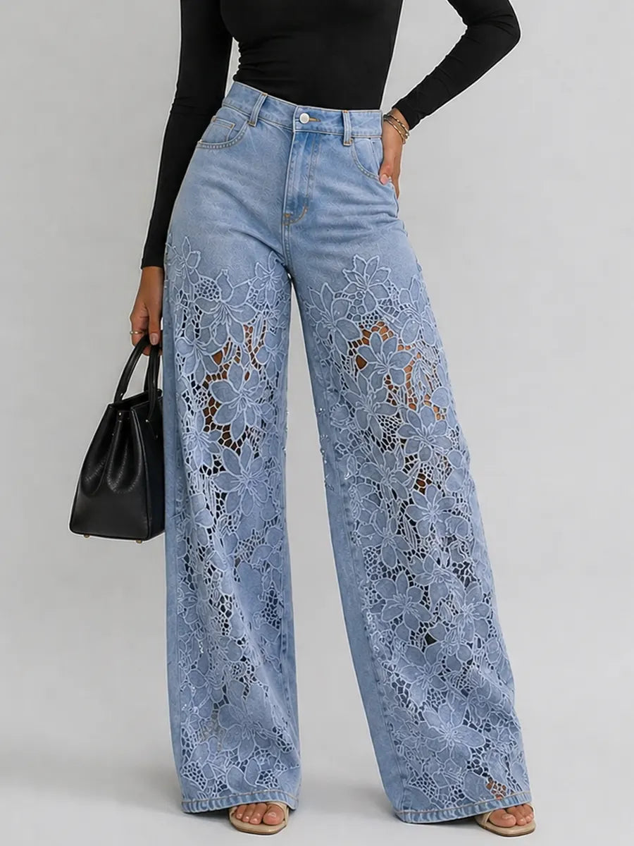 Fashionable and Comfort 🤩 High-Waist Floral Lace Palazzo Jeans