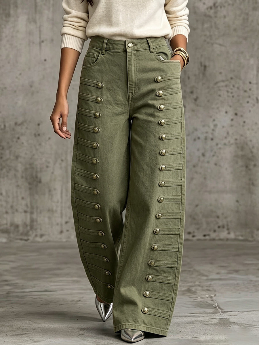 Casual Military-style Jeans With Metal Buttons