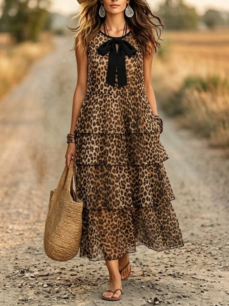 Women's Leopard Tiered Bow-Tie Maxi Dress