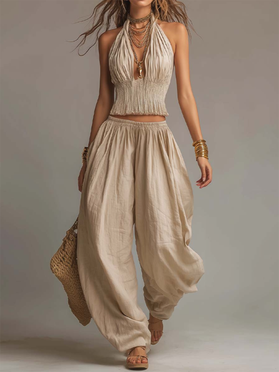 Bohemian Cotton-Linen Halter Smocked Crop Top & Harem Pants Two-Piece Set