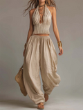Bohemian Cotton-Linen Halter Smocked Crop Top & Harem Pants Two-Piece Set