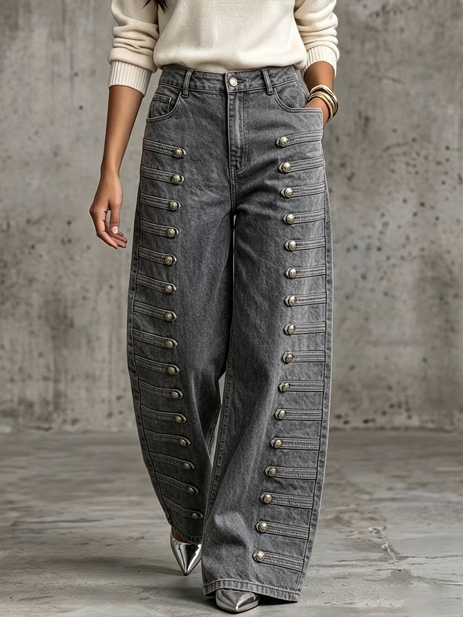 Casual Military-style Jeans With Metal Buttons