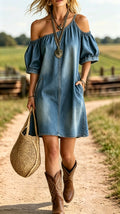 Women's Loose-Fit, Elegant Off-the-Shoulder Denim Maxi Dress