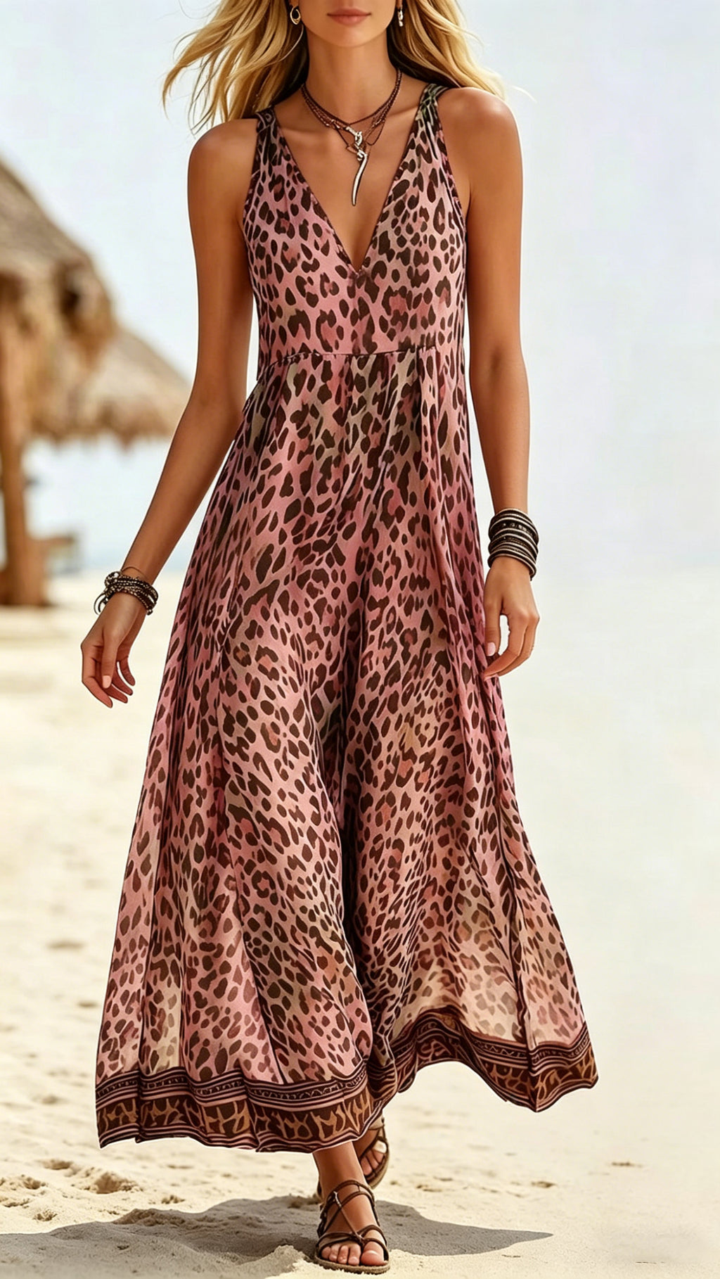 Women's Leopard Print Casual Sleeveless V-Neck Dress